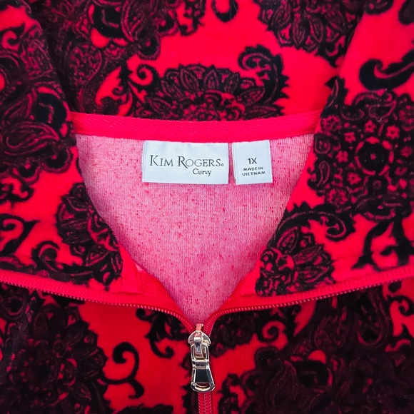 KIM ROGERS CURVY Velour Floral Scroll Red & Black Zip Jacket 2 pockets Sz 1X NEW - Picture 5 of 5